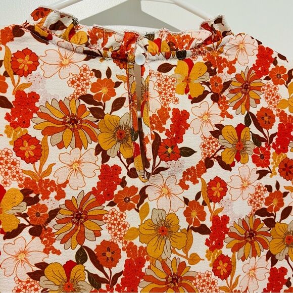 SimpleFun Women's Boho Top Floral Ruffle Short Sleeve Mock Neck Flowy Size Large - Picture 9 of 9
